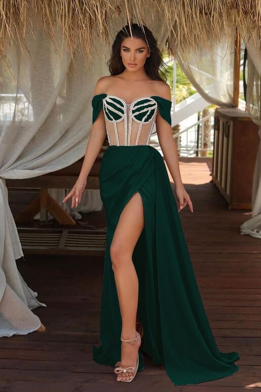 
                      
                        Champagne Off-The-Shoulder Mermaid Prom Dress with Beadings Split Ruffles
                      
                    