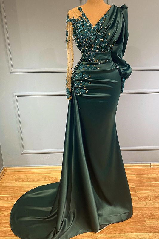 Dark Green V-Neck Long Sleeves Evening Dress with Lace Appliques Beadings