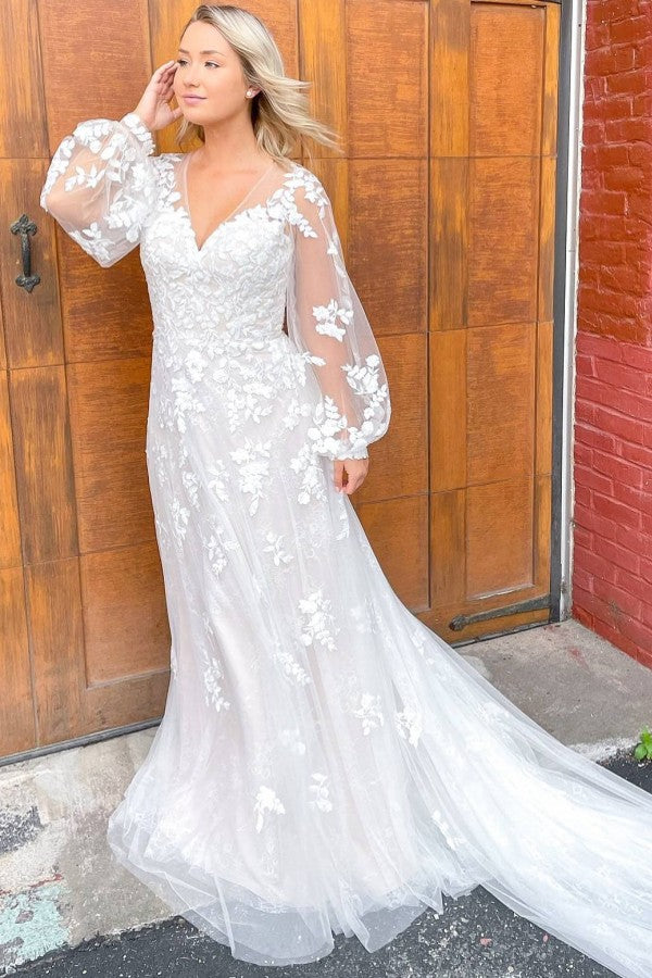 Classy Sheath Train Deep V-Neck Long Sleeve Wedding Dress with Lace Appliques and Tulle