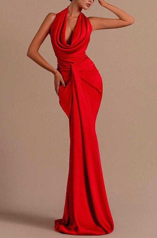 Red Halter Open Back Long Sleeveless Mermaid Prom Dress