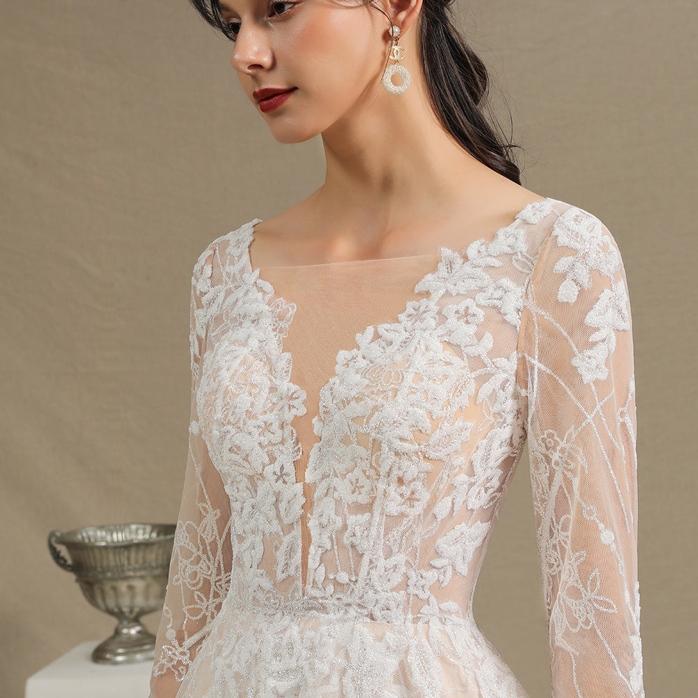 
                      
                        Sheer Long Sleeve A-Line Illusion Tulle Wedding Dress with Lace
                      
                    