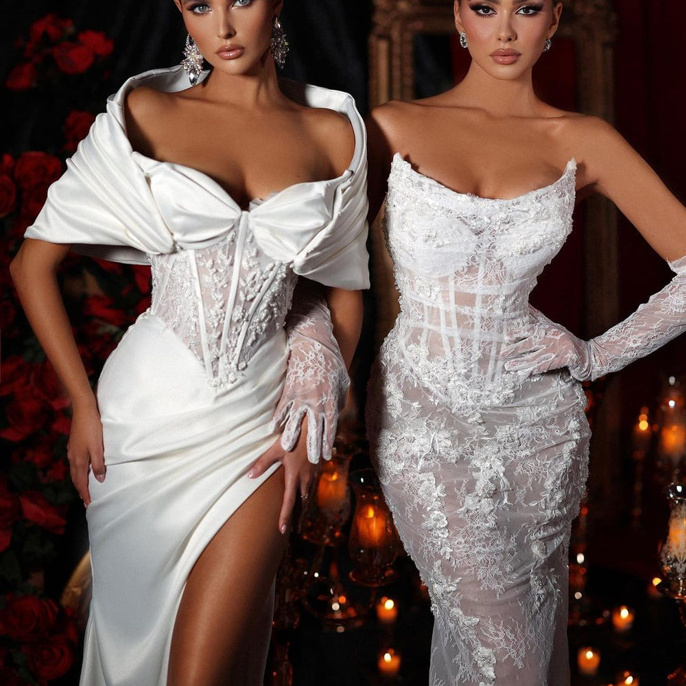 
                      
                        Elegant White Charmeuse Split Off-the-shoulder Wedding Dress
                      
                    