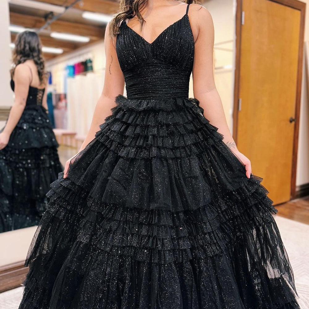 
                      
                        Long Black Tulle Sparkly V-Neck Sleeveless Prom Dress Gown
                      
                    