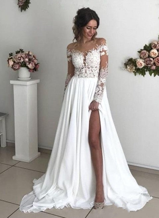 Long A-Line Long Sleeve Wedding Dress with Chiffon Lace and Slit