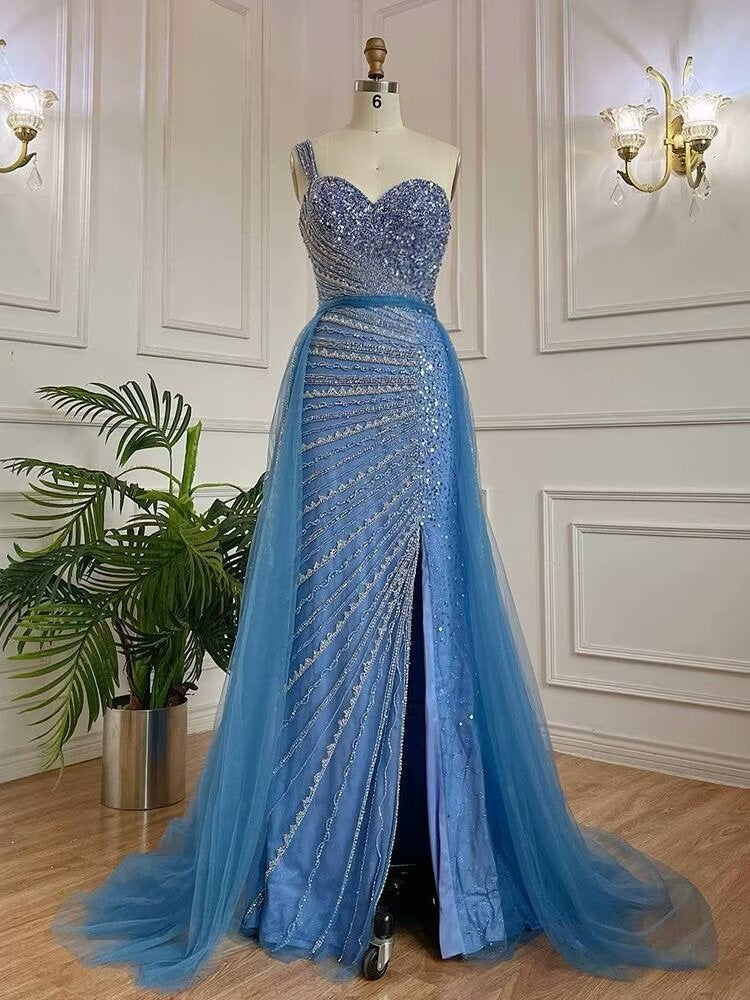 
                      
                        Sleeveless Mermaid Evening Dress with Split, One Shoulder, Sequins, and Tulle
                      
                    