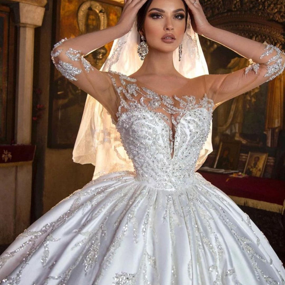 
                      
                        Gorgeous Long Princess Sweetheart Satin Wedding Dress with Sleeves
                      
                    