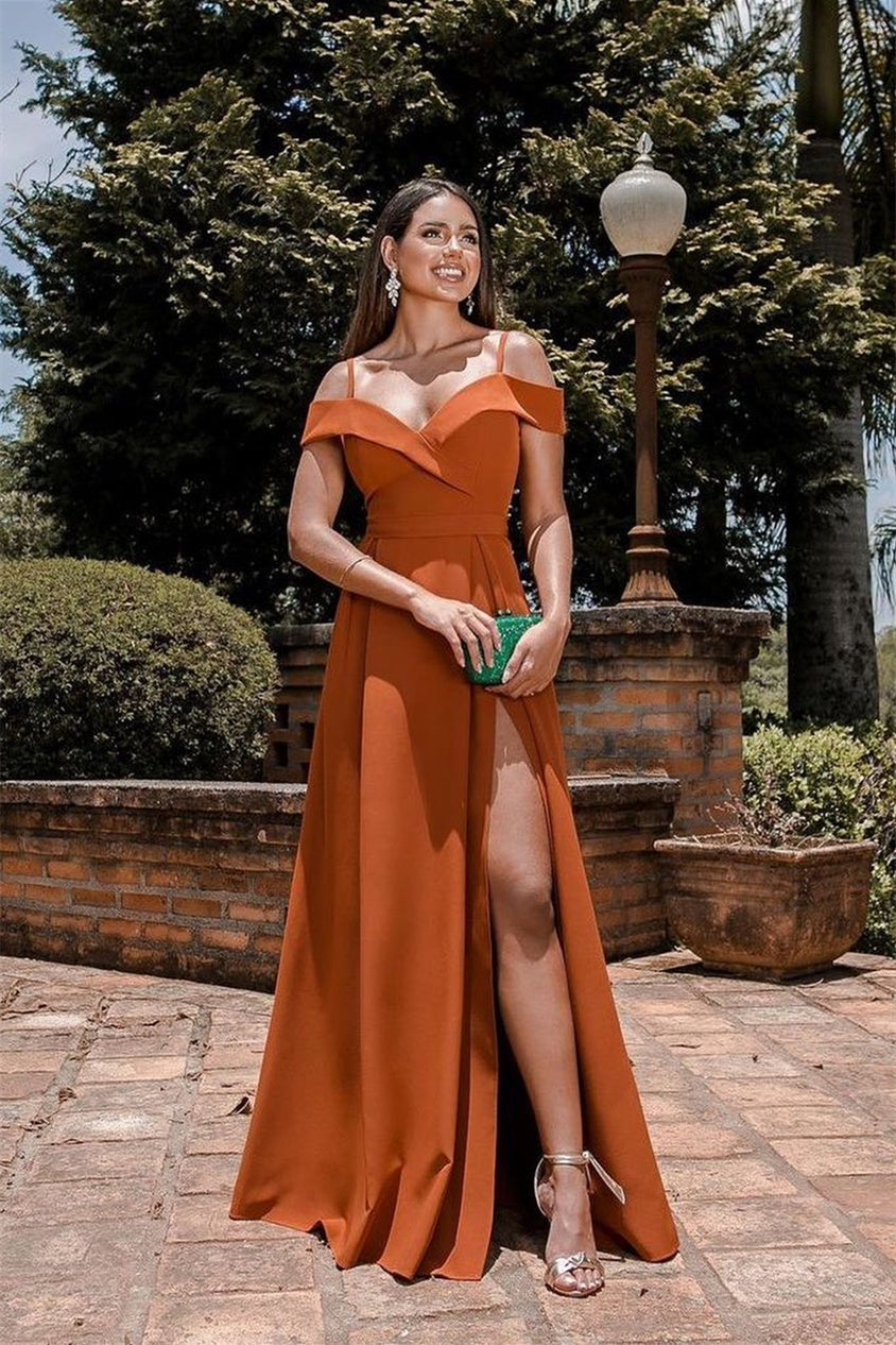 Burnt Orange Off-The-Shoulder Evening Dress with Sweetheart Split