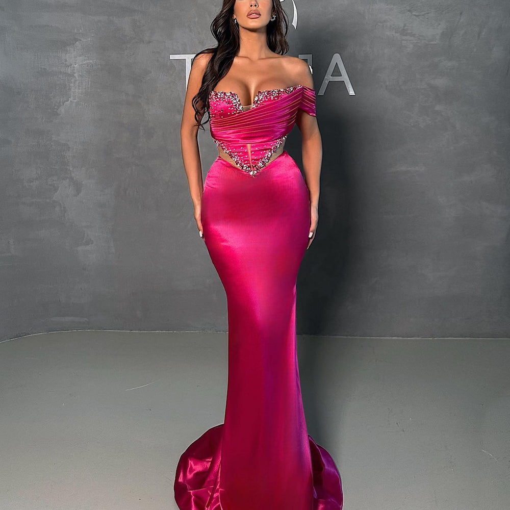 Fuchsia Sexy Mermaid Prom Dress V-Neck with Beads Sequins