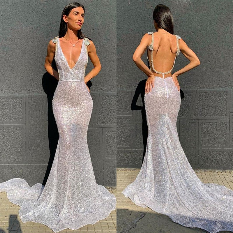 
                      
                        Deep V-Neck Sequins Mermaid Prom Dress with Open Back
                      
                    