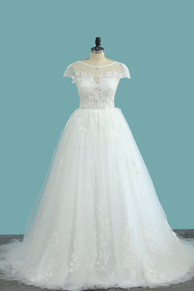 Bateau A-Line Backless Floor-Length Wedding Dress with Lace Appliques and Tulle