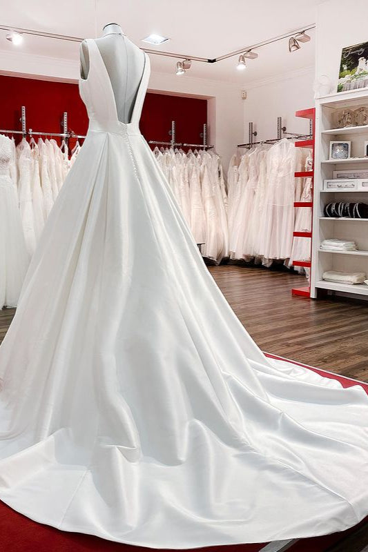 
                      
                        Long A-Line V-Neck Satin Open Back Wedding Dress with Ruffles
                      
                    