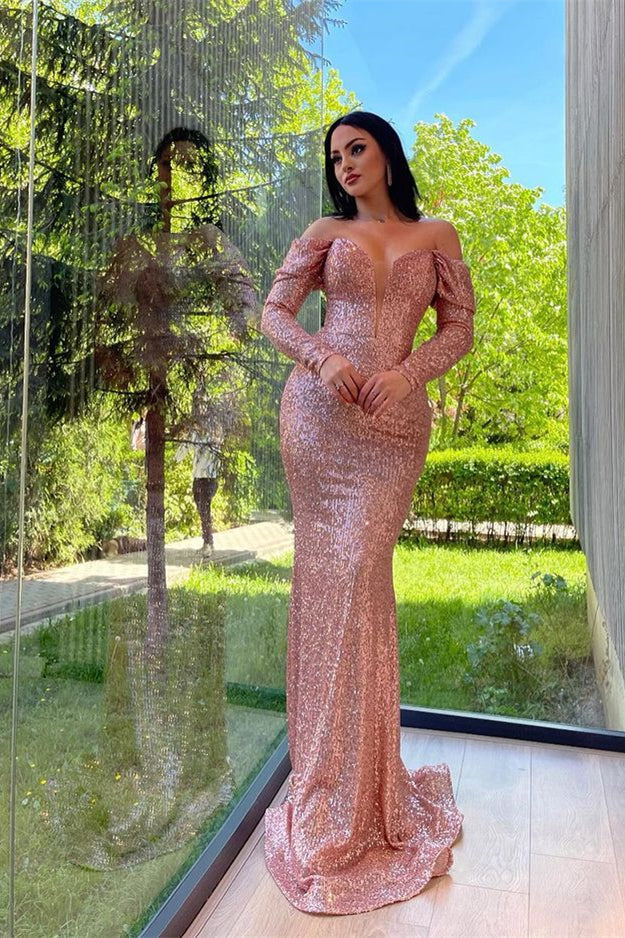 Elegant V-Neck Long Sleeves Mermaid Prom Dress with Sequins and Split