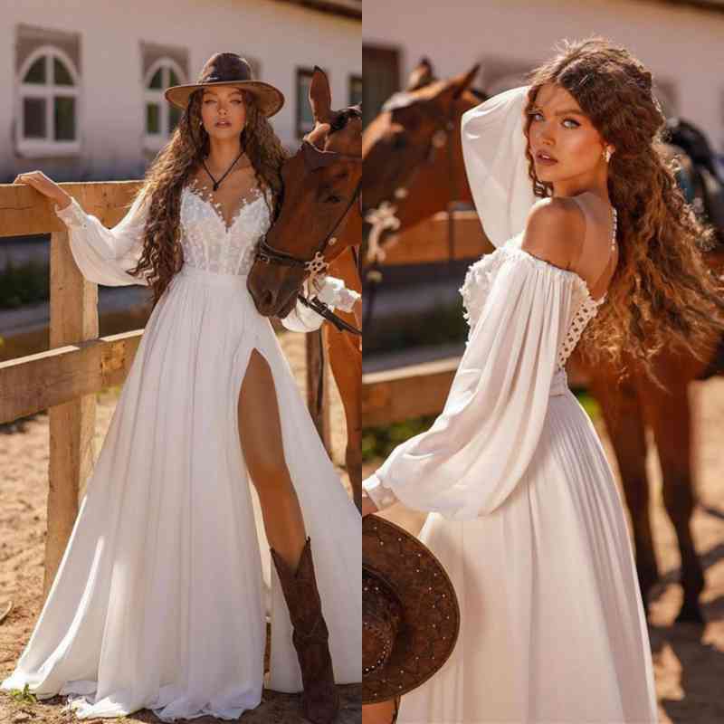 
                      
                        White Long Sleeve Wedding Dress with Lace and Split
                      
                    