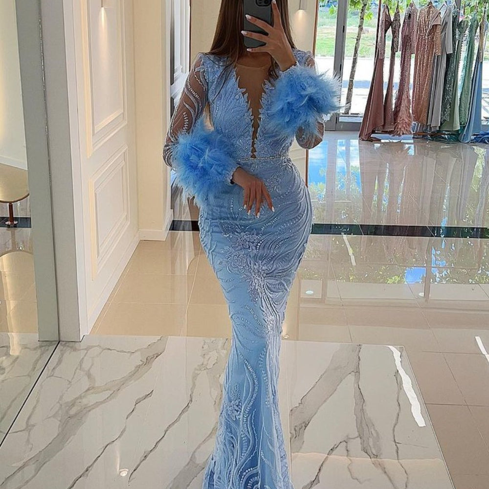 
                      
                        Baby Blue Prom Dress V-Neck Sequins with Feather Appliques
                      
                    