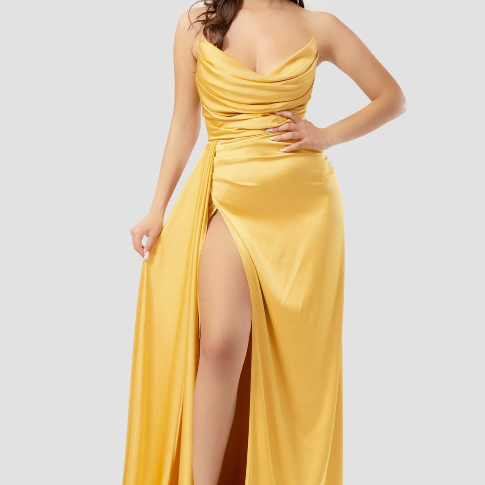 Yellow Long Sleeveless Prom Dress with Pleated High Slit Strapless