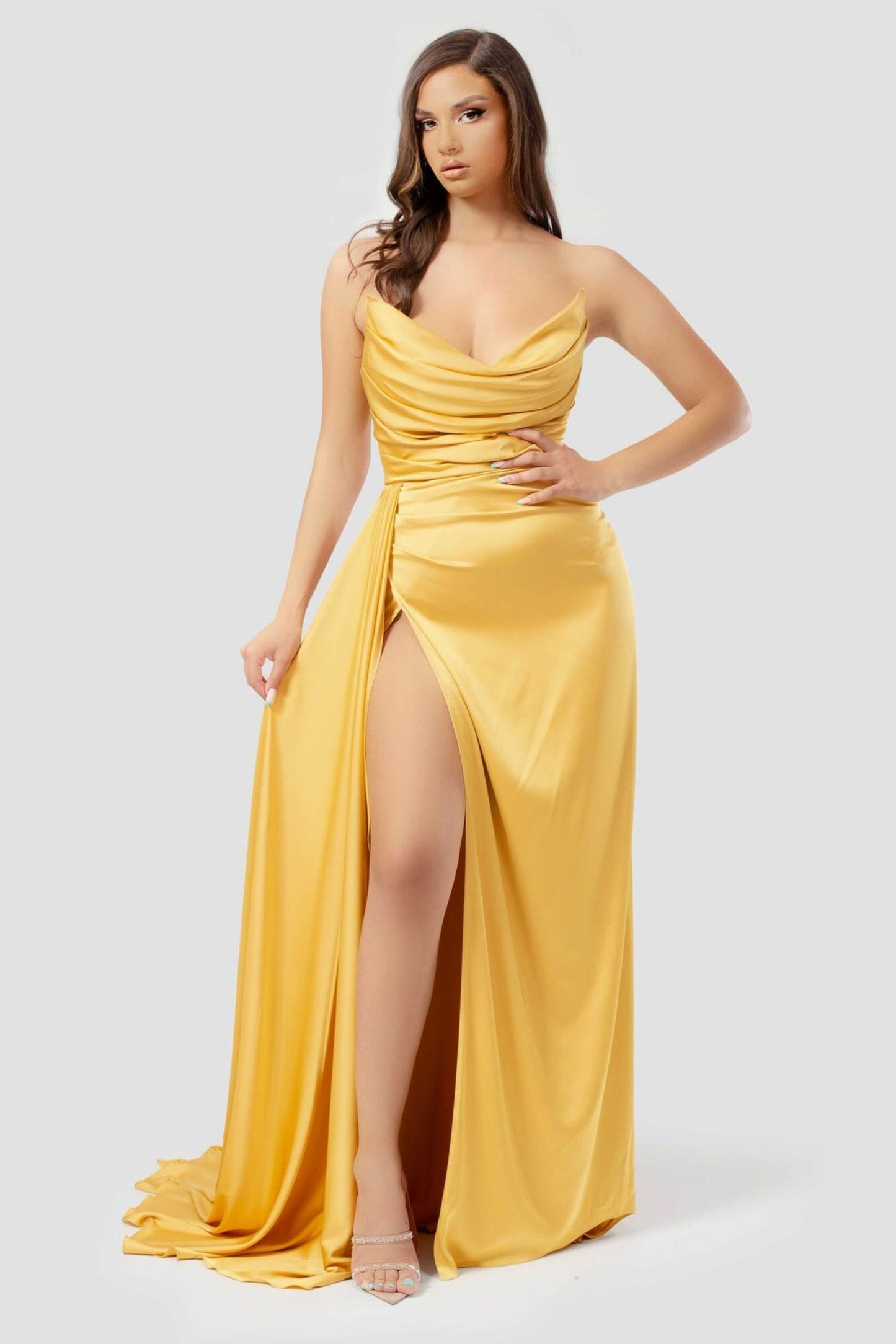 Yellow Long Sleeveless Prom Dress with Pleated High Slit Strapless