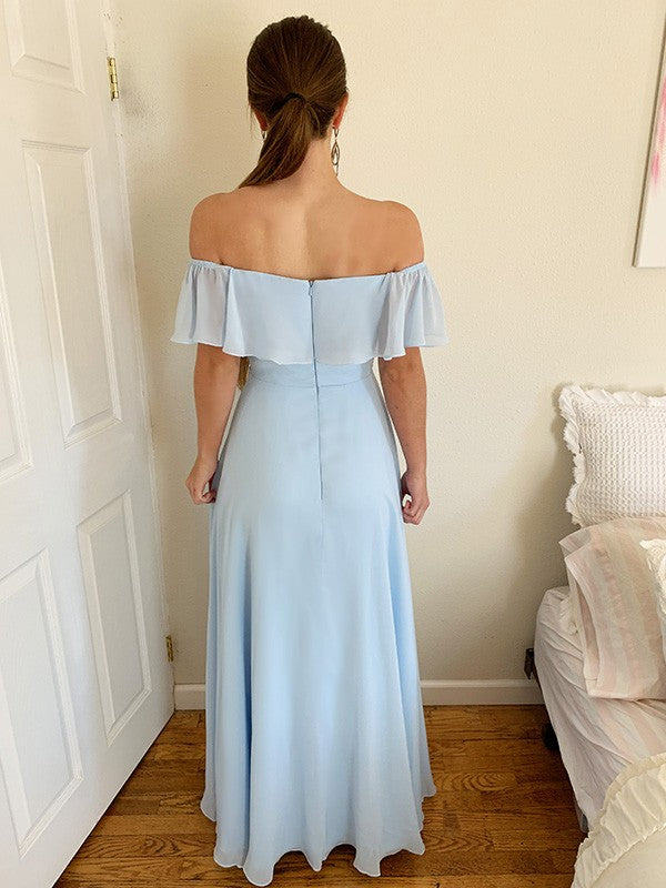 
                      
                        Off-the-Shoulder Sky Blue Prom Dress with Split
                      
                    