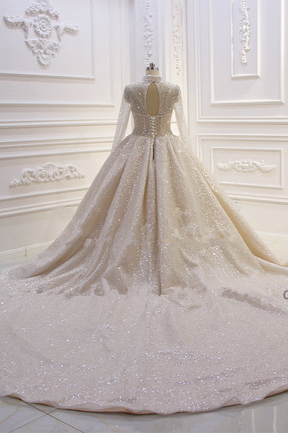 
                      
                        High Neck Long Sleeve Satin Ball Gown Wedding Dress with Sequins
                      
                    