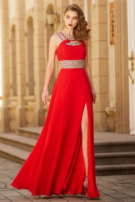 Red Halter Prom Dress with Split and Crystals