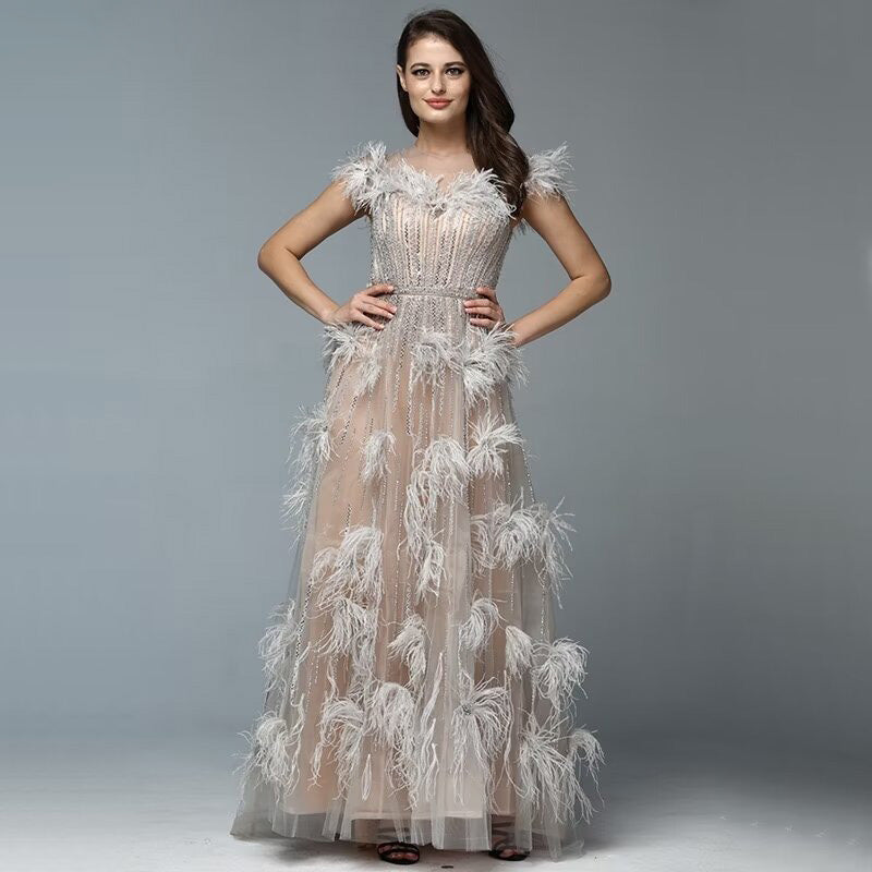 Feather Sequins Applique Prom Dress, A-Line Tulle