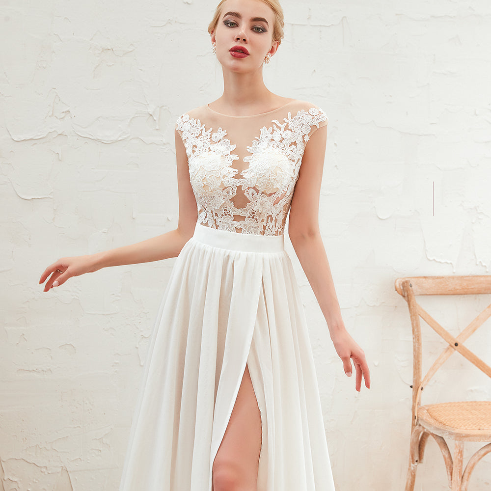 
                      
                        Bateau Neck A-Line Chiffon Wedding Dress with Lace Appliques, Ruffles, and Slit
                      
                    