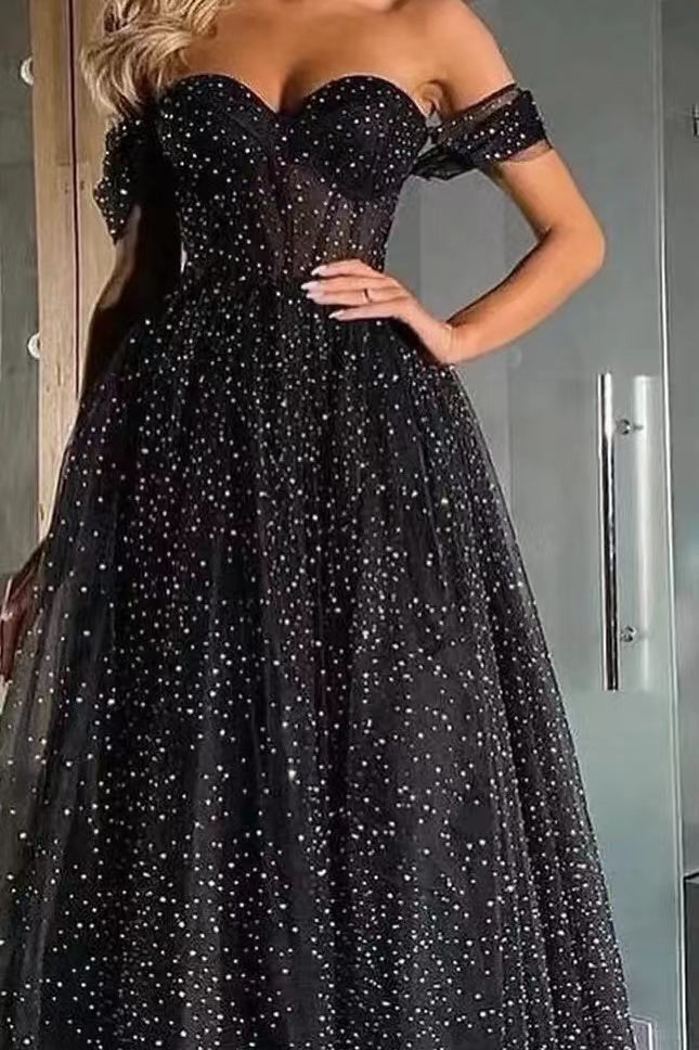 
                      
                        Black Off-the-Shoulder Sweetheart A-Line Tulle Beaded Prom Dress
                      
                    