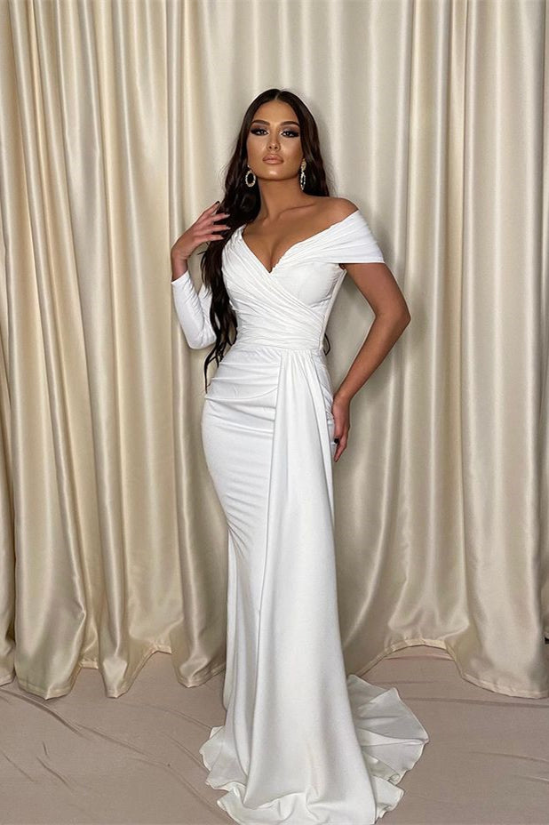 
                      
                        Chic White One Shoulder Off-the-Shoulder Evening Prom Dress with Pleats
                      
                    