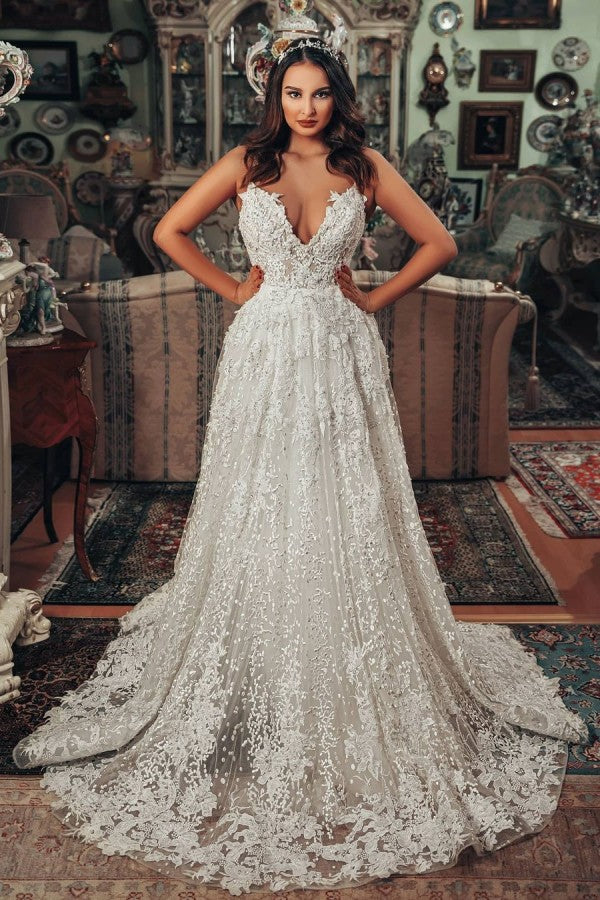 Gorgeous Long A-Line V-Neck Wedding Dress with 3D Floral Lace