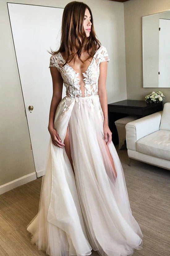 Cap Sleeve Tulle Lace Appliqued Wedding Dress With Split