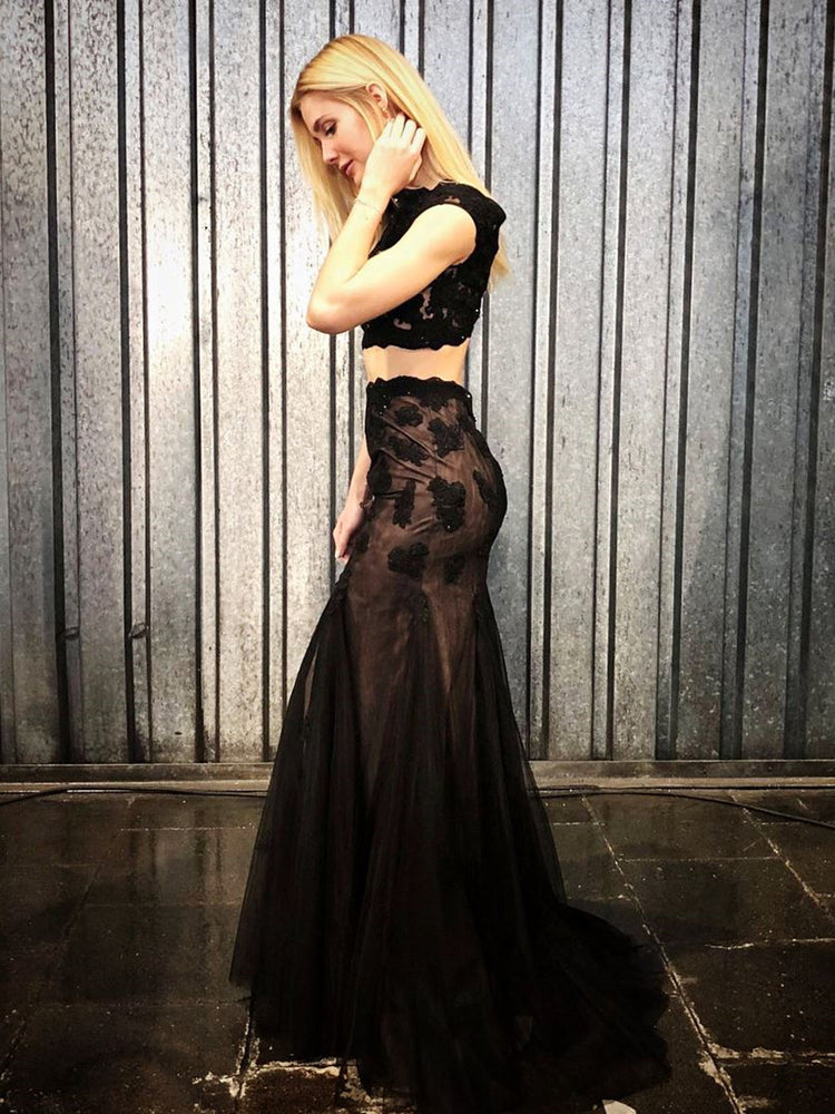 
                      
                        Cap Sleeves 2 Pieces Mermaid Black Lace Long Prom Dresses, Two Pieces Black Lace Formal Dresses, Black Lace Evening Dresses
                      
                    