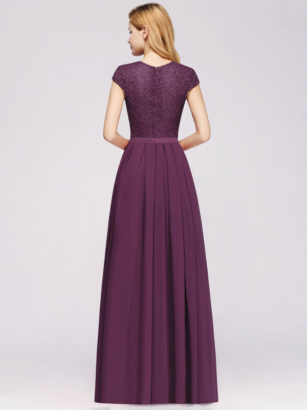 
                      
                        Cap Sleeves Aline Bridesmaid Dress Floral Lace Chiffon Long Wedding Guest Dress - Prom Dresses
                      
                    