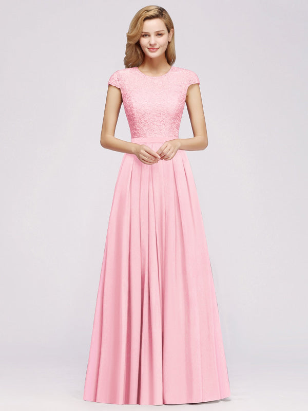 
                      
                        Cap Sleeves Aline Bridesmaid Dress Floral Lace Chiffon Long Wedding Guest Dress - Prom Dresses
                      
                    