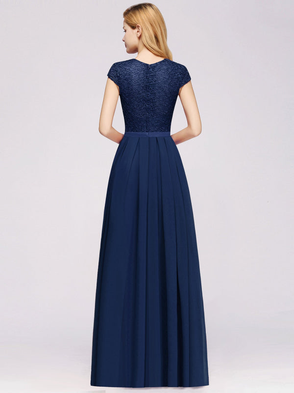 
                      
                        Cap Sleeves Aline Bridesmaid Dress Floral Lace Chiffon Long Wedding Guest Dress - Prom Dresses
                      
                    