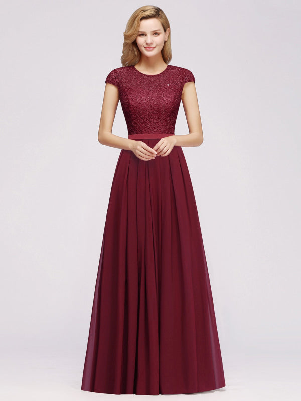 
                      
                        Cap Sleeves Aline Bridesmaid Dress Floral Lace Chiffon Long Wedding Guest Dress - Burgundy / US 2 - Prom Dresses
                      
                    