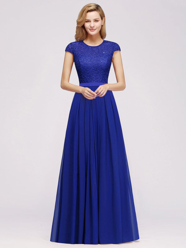 
                      
                        Cap Sleeves Aline Bridesmaid Dress Floral Lace Chiffon Long Wedding Guest Dress - Royal Blue / US 2 - Prom Dresses
                      
                    