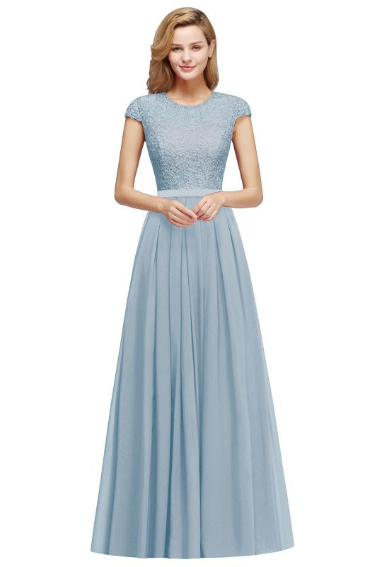 
                      
                        Cap Sleeves Aline Bridesmaid Dress Floral Lace Chiffon Long Wedding Guest Dress - Dusty Blue / US 2 - Prom Dresses
                      
                    