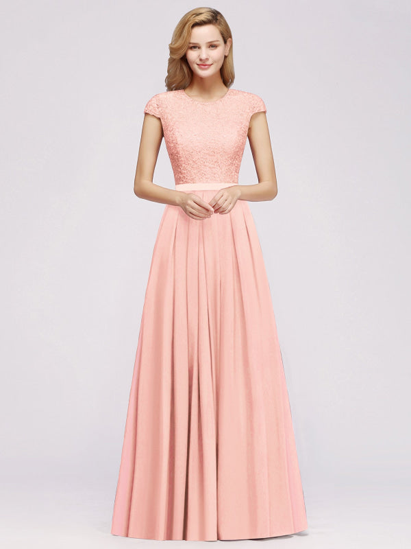 
                      
                        Cap Sleeves Aline Bridesmaid Dress Floral Lace Chiffon Long Wedding Guest Dress - Candy Pink / US 2 - Prom Dresses
                      
                    