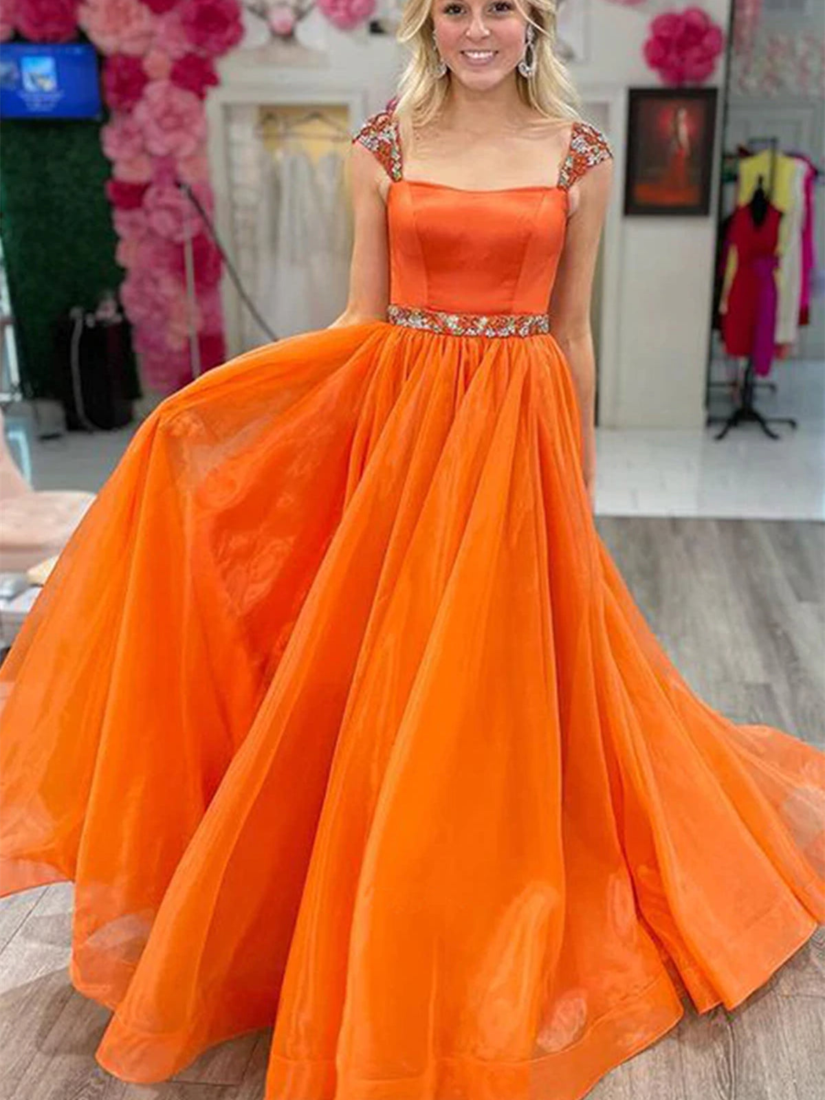 Cap Sleeves Beaded Orange Tulle Long Prom Dresses, Orange Tulle Formal Graduation Evening Dresses 