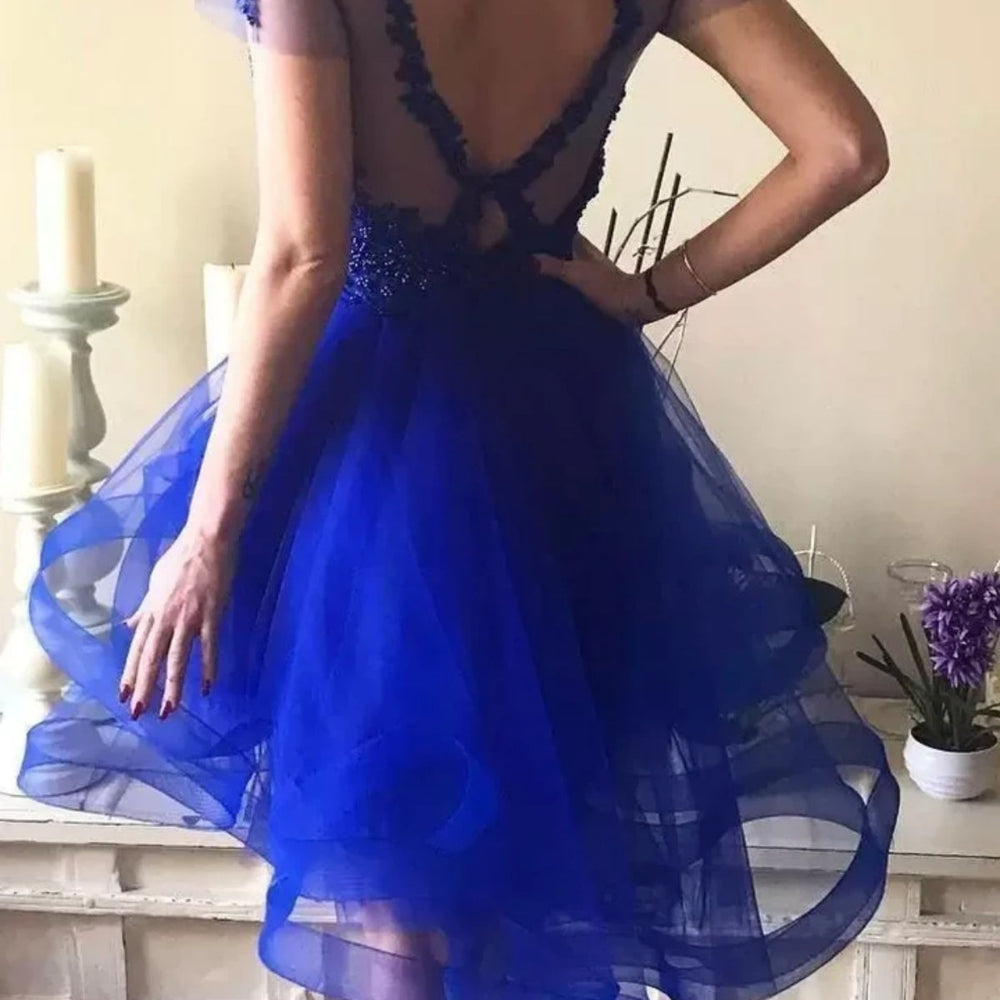 
                      
                        Cap Sleeves Round Neck Blue Beaded Prom Homecoming Dresses, Short Blue Formal Graduation Evening Dresses with Beadings 
                      
                    