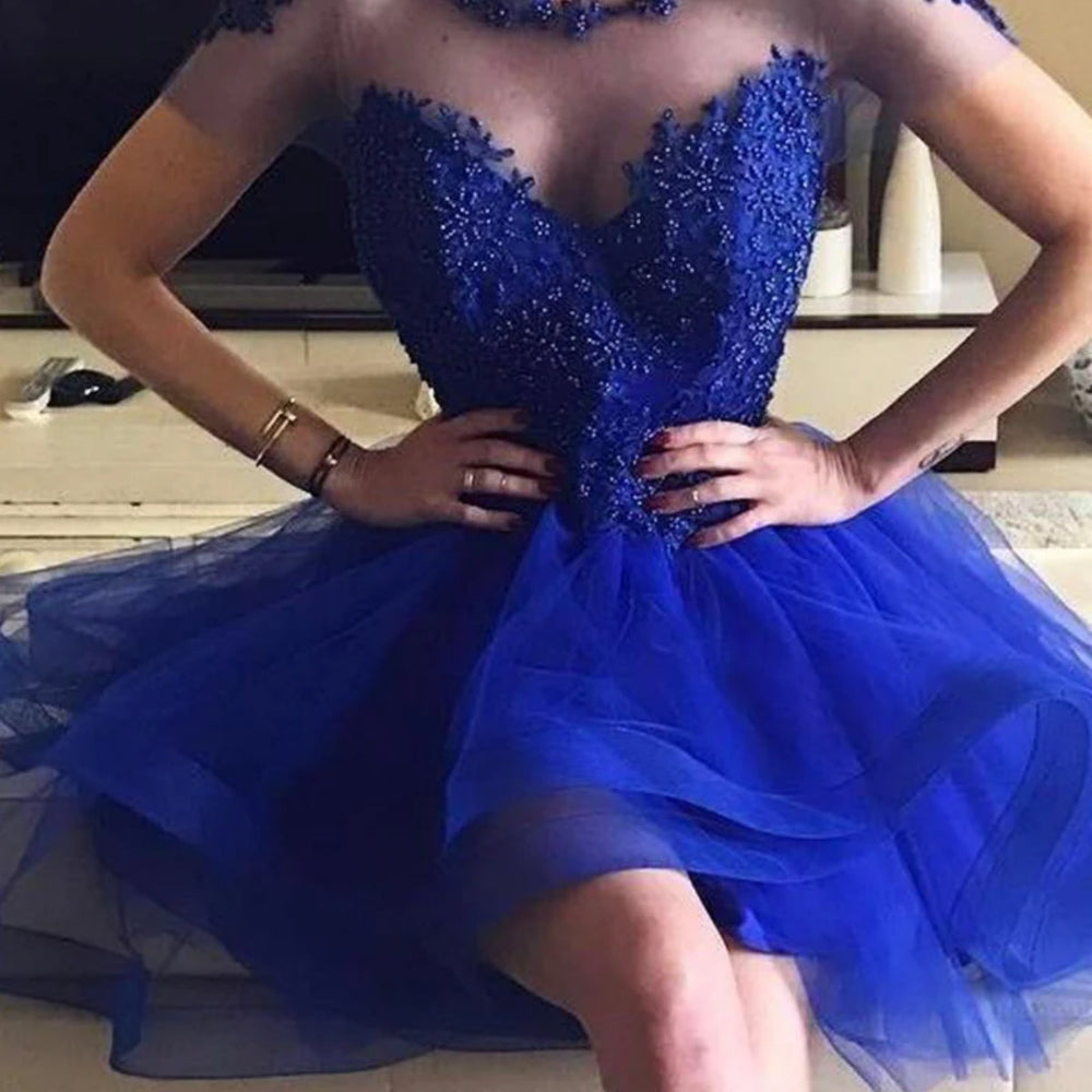 Cap Sleeves Round Neck Blue Beaded Prom Homecoming Dresses, Short Blue Formal Graduation Evening Dresses with Beadings 