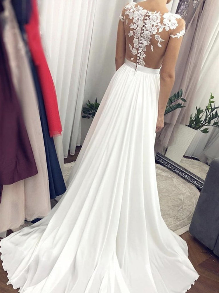 
                      
                        Cap Sleeves Round Neck White Lace Long Wedding Dresses, Cap Sleeves White Lace Formal Evening Prom Dresses
                      
                    