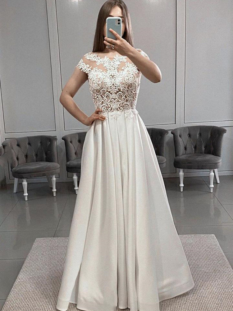 
                      
                        Cap Sleeves White Lace Long Prom Dresses with Slit, White Lace Formal Graduation Evening Dresses
                      
                    