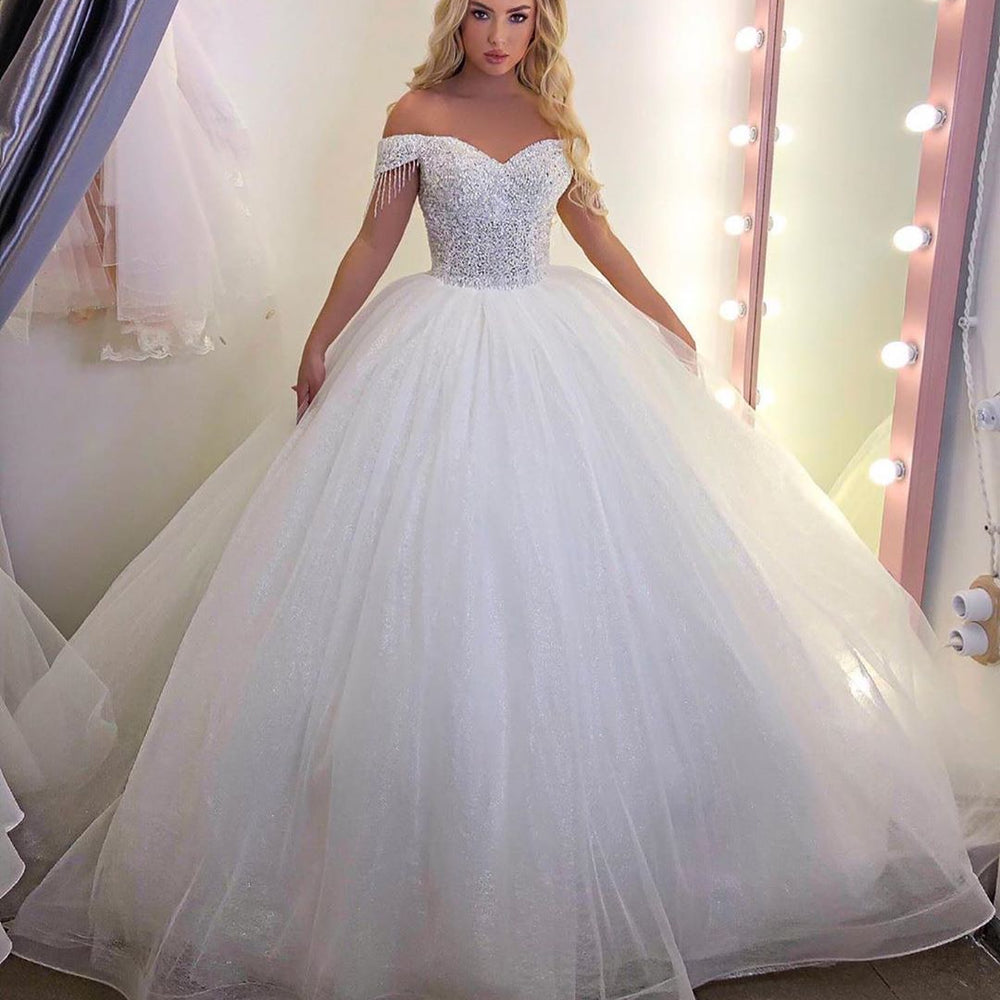 
                      
                        Long Princess Off-the-Shoulder Wedding Dress with Tulle
                      
                    