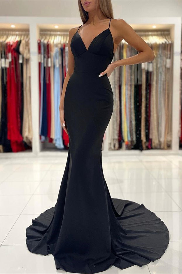 Black Spaghetti-Straps Charmeuse Mermaid Long Prom Dress