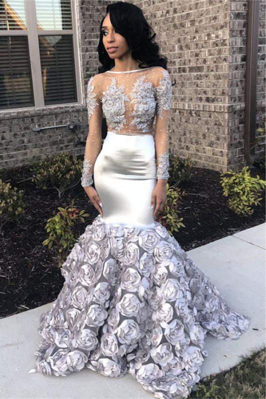 Royal Silver Long Sleeve Flower Appliqued Mermaid Prom Dress