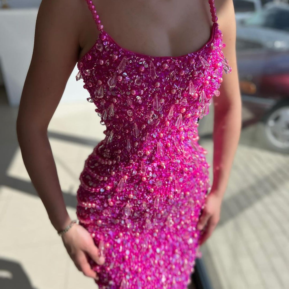 
                      
                        Fuchsia Acrylic Spaghetti-Straps Mermaid Prom Dress with Pearls Sequins
                      
                    