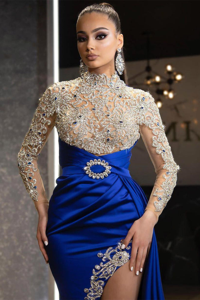 
                      
                        Royal Blue Long Sleeves Beadings Mermaid Prom Dress with Split and Ruffles
                      
                    