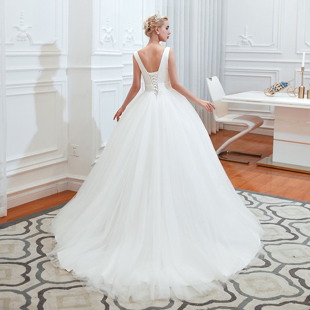 
                      
                        Wide Strap Deep V-Neck Floor-Length A-Line Wedding Dress with Tulle
                      
                    