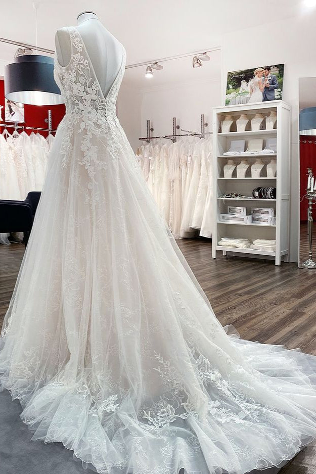 
                      
                        Deep V-Neck Sleeveless Long A-Line Wedding Dress with Open Back, Tulle, and Lace Appliques
                      
                    