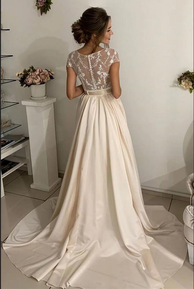 
                      
                        Long A-Line Jewel Neck Stretch Satin Lace Wedding Dress
                      
                    